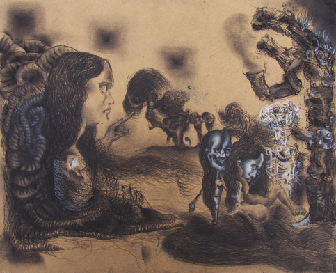 "Forever Milk of the Worms" - Charcoal and conte on board - 10 1/2 x 13" (2002)