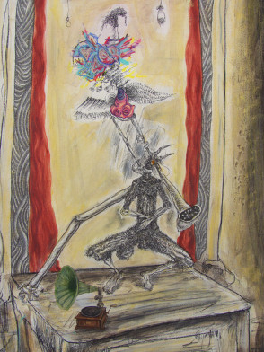 "Come See the Bastard Dance (detail)" - Charcoal, graphite, pastel, oil paint, and digital print on paper - 30 x 22" (2008)